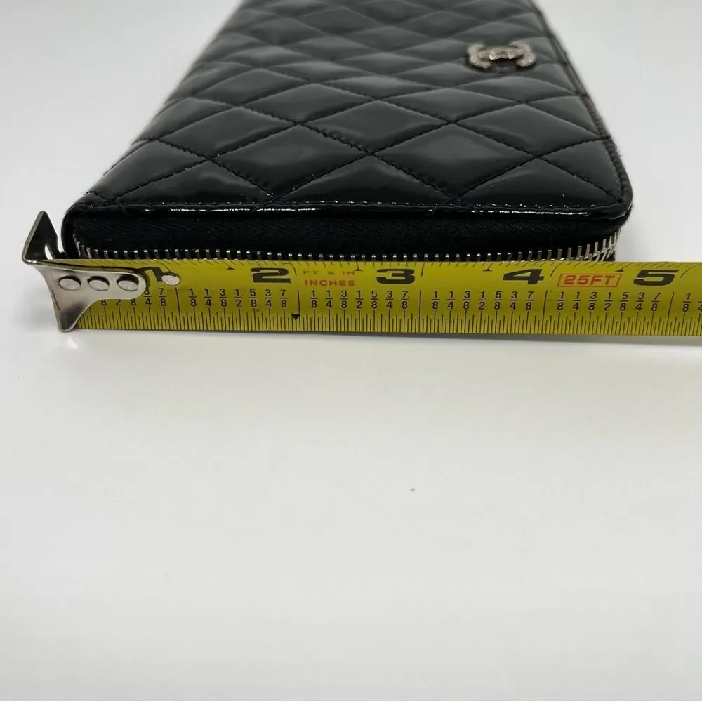 Chanel Quilted Black Patent Leather Zip Around Wallet